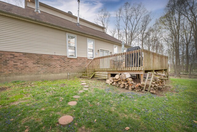 6181 Perry Rd, Centerburg, OH 43011 - exterior space featuring a yard, brick siding, and a deck