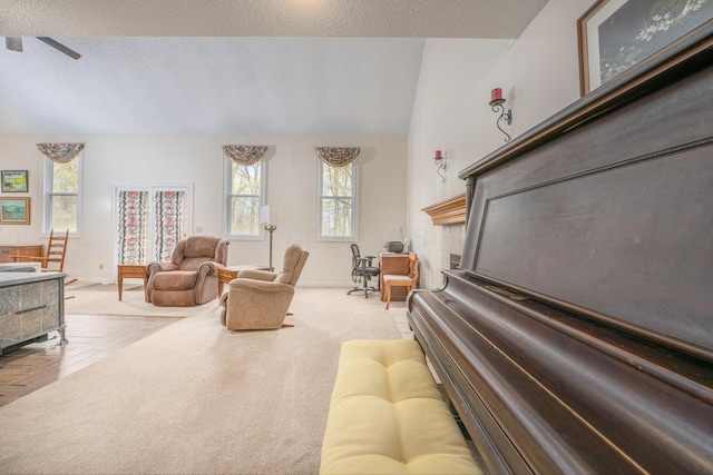 6181 Perry Rd, Centerburg, OH 43011 - living room with a textured ceiling, vaulted ceiling, baseboards, a ceiling fan, and carpet floors