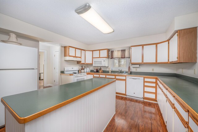 6181 Perry Rd, Centerburg, OH 43011 - kitchen featuring dark wood-style floors, under cabinet range hood, a sink, white appliances, and a textured ceiling