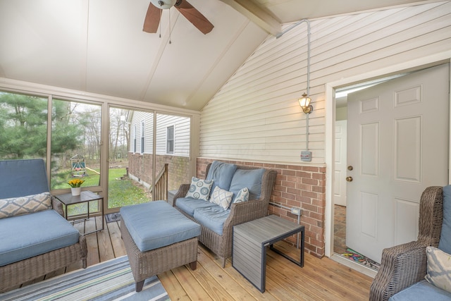 6181 Perry Rd, Centerburg, OH 43011 - sunroom featuring beamed ceiling, outdoor lounge area, and a ceiling fan