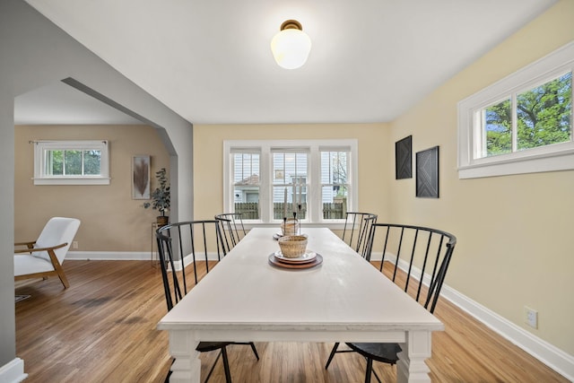 dining space with a wealth of natural light and light wood-type flooring