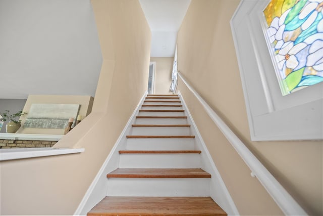 stairs featuring wood finished floors