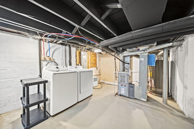 unfinished basement with heating unit, electric panel, and independent washer and dryer
