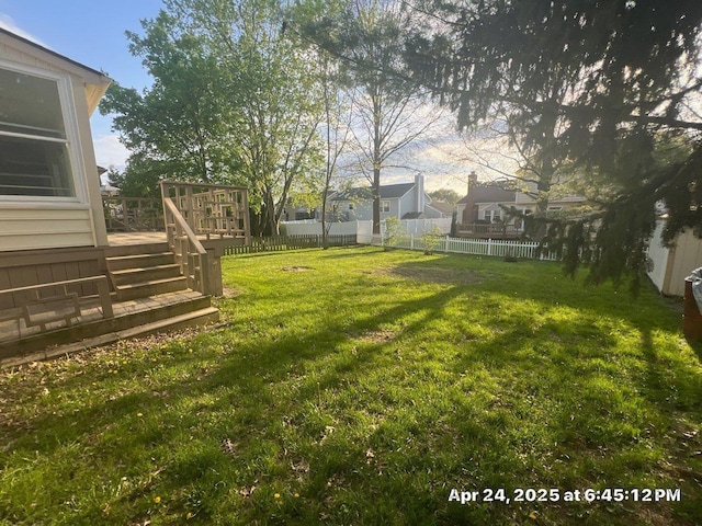 view of yard featuring a fenced backyard and a deck