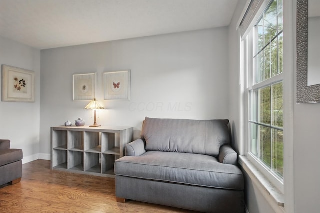 living area featuring baseboards and wood finished floors