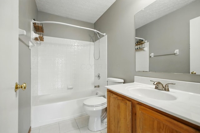 bathroom featuring shower / tub combination, a textured ceiling, toilet, tile patterned floors, and vanity