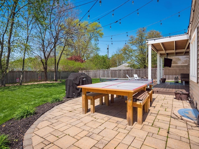 view of patio featuring a fenced backyard, outdoor dining area, a grill, and a deck