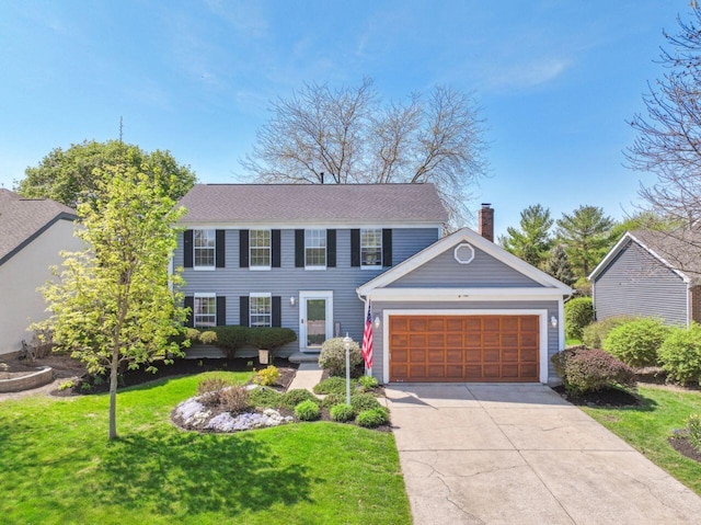 81 Highmeadows Cir, Powell, OH 43065 - colonial home with a chimney, a front lawn, driveway, and an attached garage