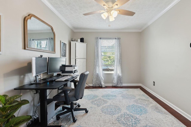 81 Highmeadows Cir, Powell, OH 43065 - office with wood finished floors, ceiling fan, a textured ceiling, and crown molding