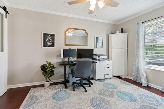 81 Highmeadows Cir, Powell, OH 43065 - office area featuring baseboards, a barn door, wood finished floors, and crown molding