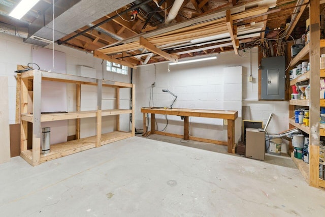 81 Highmeadows Cir, Powell, OH 43065 - unfinished basement featuring a workshop area, concrete block wall, and electric panel