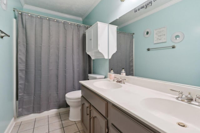 81 Highmeadows Cir, Powell, OH 43065 - full bathroom with tile patterned floors, toilet, crown molding, and a sink