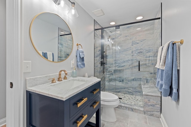 660 Woods Hollow Ln, Powell, OH 43065 - bathroom featuring recessed lighting, a shower stall, vanity, tile patterned floors, and toilet