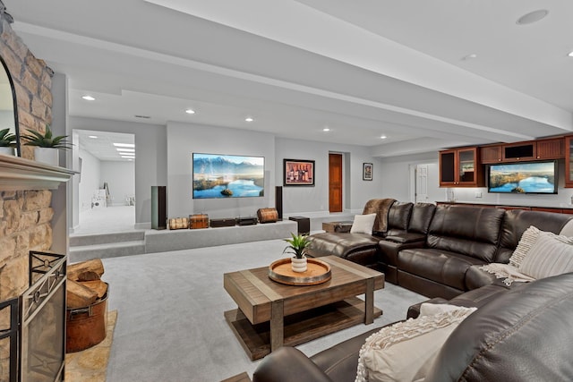 660 Woods Hollow Ln, Powell, OH 43065 - living room featuring recessed lighting, indoor wet bar, and light carpet