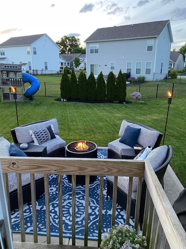 4322 Bobwhite, Powell, OH 43065 - view of patio / terrace featuring an outdoor living space with a fire pit and a residential view