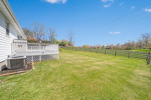 view of yard featuring a deck, central AC, a rural view, and a fenced backyard