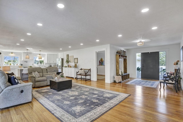 6495 Julian Rd SW, Amanda, OH 43102 - living room with baseboards, a textured ceiling, recessed lighting, and light wood-style flooring