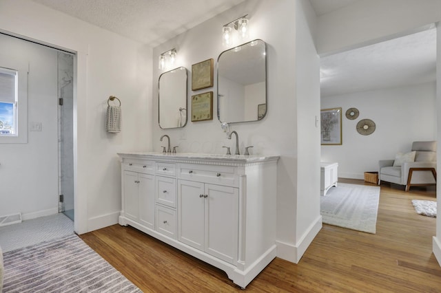 6495 Julian Rd SW, Amanda, OH 43102 - bathroom with double vanity, visible vents, wood finished floors, a sink, and baseboards