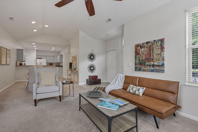 651 Albion Pl, Westerville, OH 43082 - living room featuring light carpet, a ceiling fan, baseboards, recessed lighting, and lofted ceiling