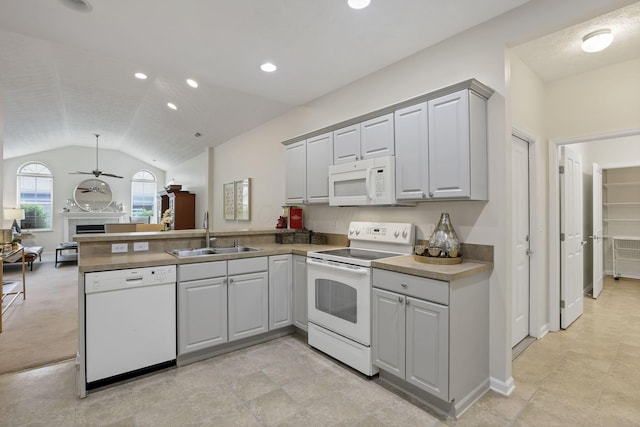 651 Albion Pl, Westerville, OH 43082 - kitchen featuring white appliances, a sink, a peninsula, ceiling fan, and recessed lighting