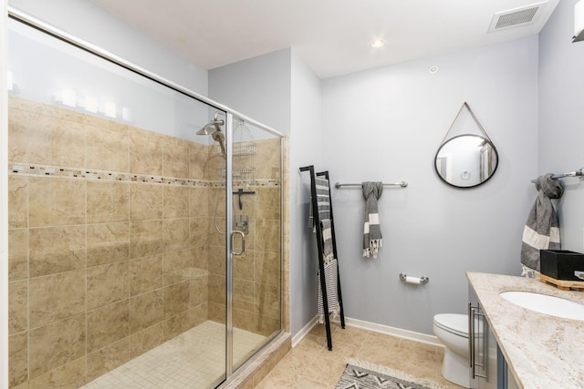 full bathroom featuring tile patterned flooring, vanity, toilet, a shower stall, and visible vents