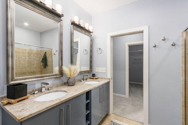 full bathroom with a sink, baseboards, double vanity, and a walk in closet