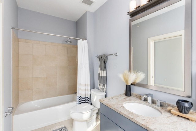 bathroom with visible vents, shower / bath combination with curtain, vanity, tile patterned floors, and toilet