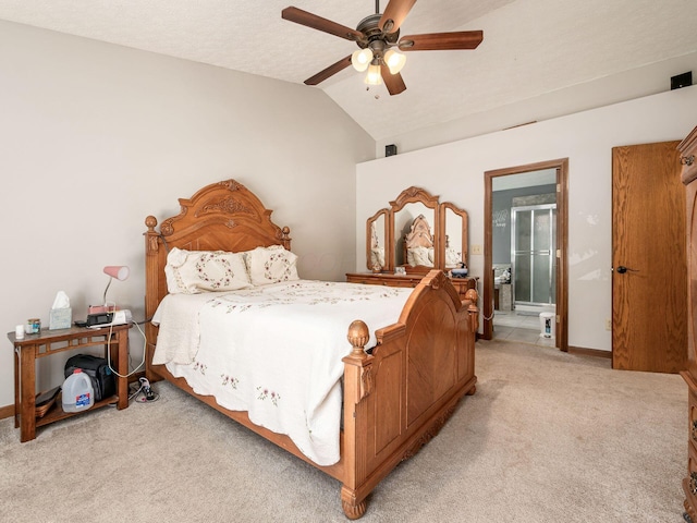 6008 Macnabb Ct, Hilliard, OH 43026 - bedroom featuring baseboards, light colored carpet, ensuite bathroom, and lofted ceiling