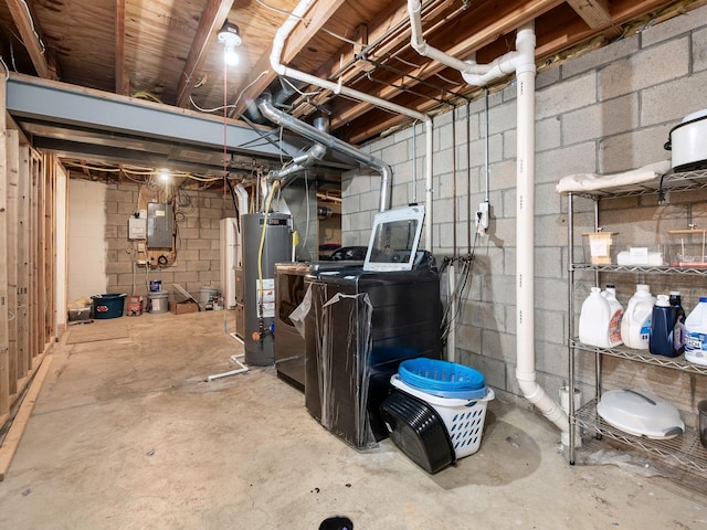 6008 Macnabb Ct, Hilliard, OH 43026 - unfinished basement with water heater, washing machine and dryer, and electric panel