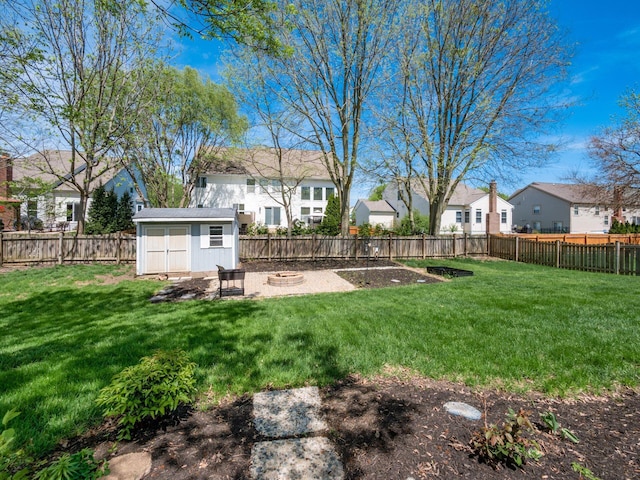 6008 Macnabb Ct, Hilliard, OH 43026 - view of yard with an outdoor structure, a fire pit, a fenced backyard, a shed, and a residential view