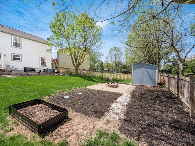6008 Macnabb Ct, Hilliard, OH 43026 - view of yard with a fenced backyard, an outdoor structure, an outdoor fire pit, and a shed