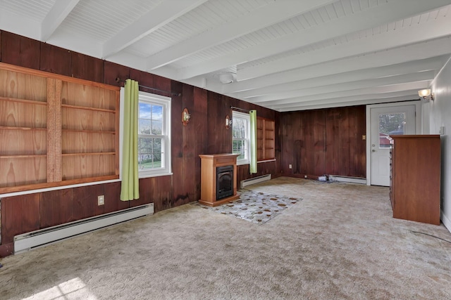 19361 White Stone Rd, Marysville, OH 43040 - unfurnished living room with carpet floors, a baseboard radiator, a baseboard heating unit, and beam ceiling