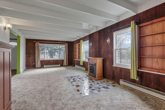 19361 White Stone Rd, Marysville, OH 43040 - unfurnished living room with carpet floors, beam ceiling, baseboard heating, and a baseboard radiator