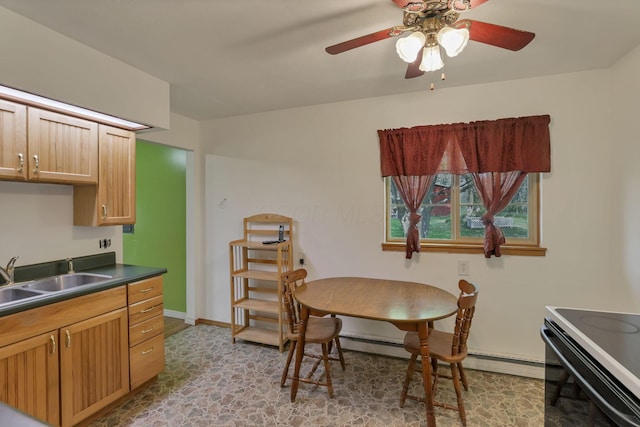 19361 White Stone Rd, Marysville, OH 43040 - kitchen featuring dark countertops, a sink, black electric range oven, a ceiling fan, and baseboards