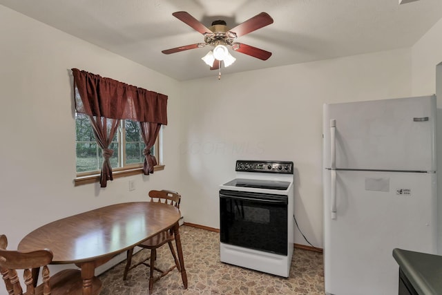 19361 White Stone Rd, Marysville, OH 43040 - kitchen featuring baseboards, ceiling fan, and white appliances