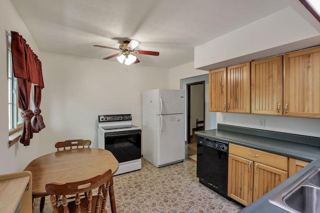 19361 White Stone Rd, Marysville, OH 43040 - kitchen with ceiling fan, electric range oven, dishwasher, a sink, and freestanding refrigerator