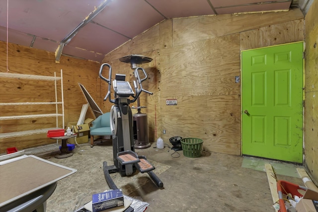 19361 White Stone Rd, Marysville, OH 43040 - workout room featuring wooden walls and vaulted ceiling