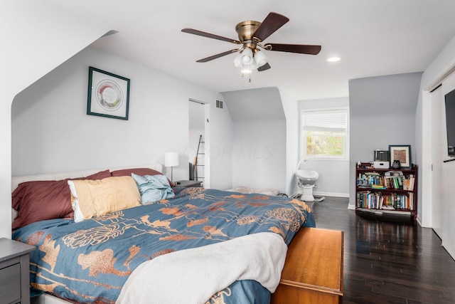 bedroom with ceiling fan, visible vents, baseboards, recessed lighting, and wood finished floors