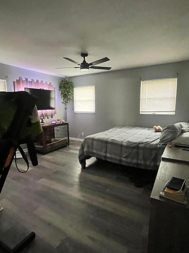 bedroom with wood finished floors and ceiling fan