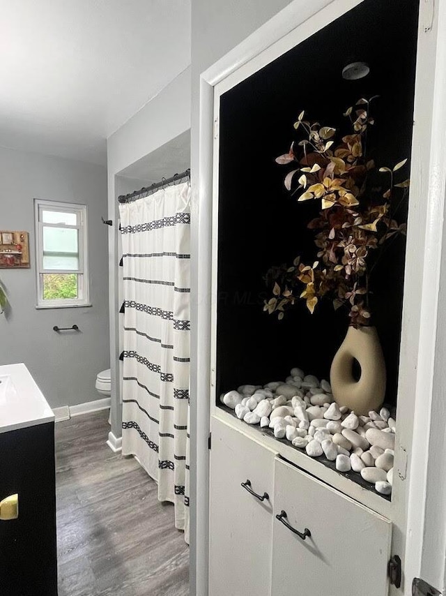 bathroom featuring a shower with curtain, vanity, toilet, baseboards, and wood finished floors