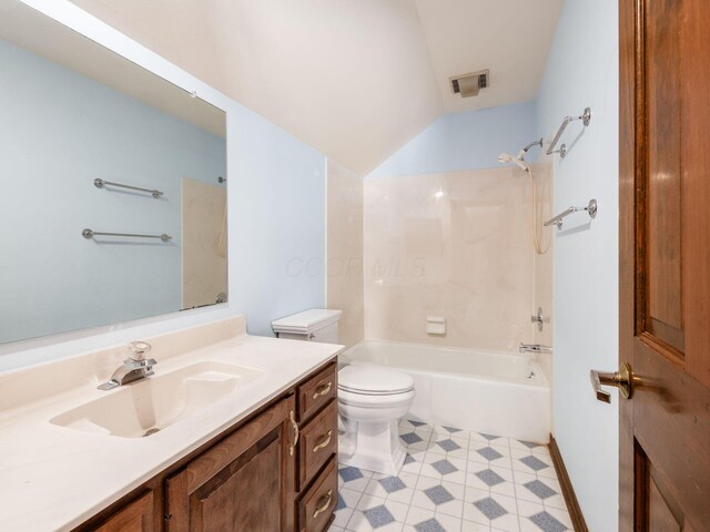 bathroom featuring shower / tub combination, vanity, toilet, lofted ceiling, and visible vents