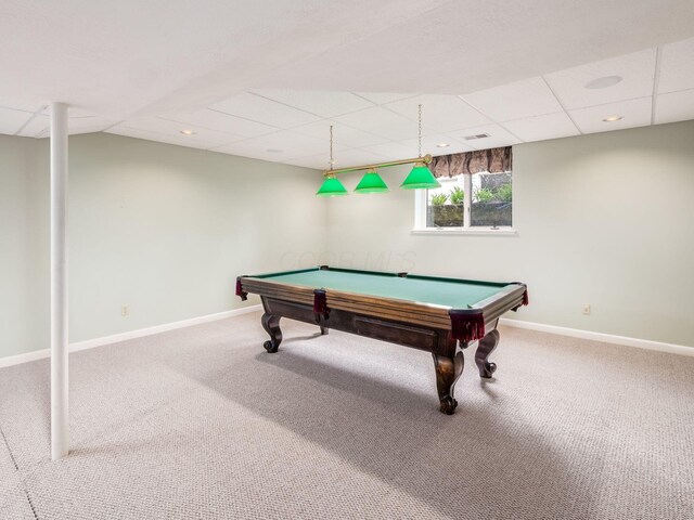 playroom with baseboards, carpet flooring, and pool table