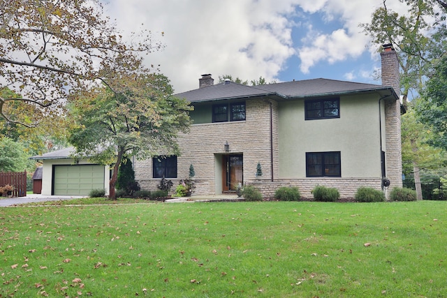 2589 Brookwood Rd, Columbus, OH 43209 - prairie-style house featuring a chimney, a garage, driveway, stucco siding, and stone siding
