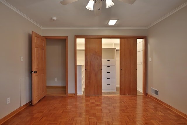 2589 Brookwood Rd, Columbus, OH 43209 - unfurnished bedroom with baseboards, ornamental molding, a closet, and a ceiling fan