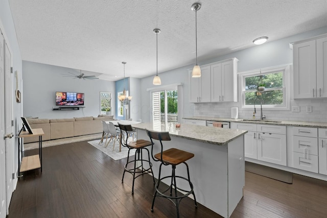 kitchen with stainless steel dishwasher, decorative backsplash, open floor plan, light stone counters, and a sink
