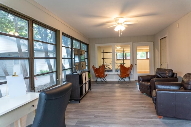 173 S Chesterfield Rd, Columbus, OH 43209 - living room with wood finished floors, a ceiling fan, and an office area