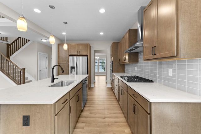 1206 Clover St, Sunbury, OH 43074 - kitchen featuring a sink, light wood-style flooring, wall chimney exhaust hood, stainless steel appliances, and tasteful backsplash