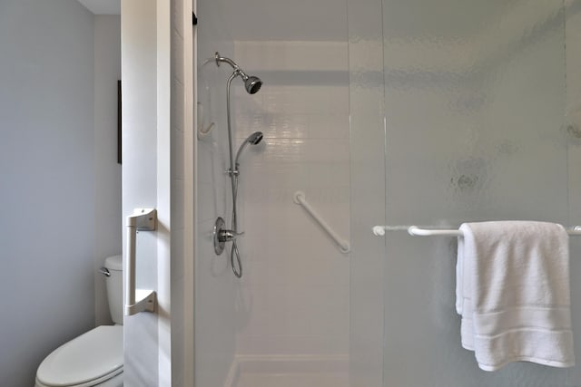 full bathroom featuring a stall shower and toilet