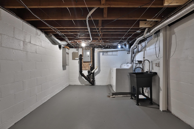 unfinished basement with washer and dryer and electric panel