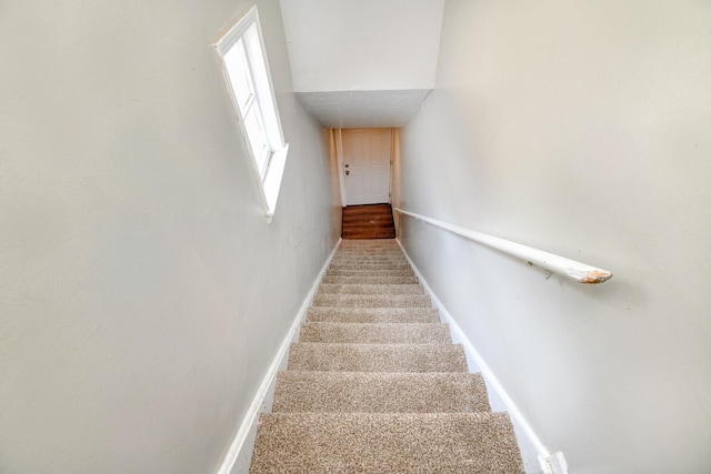 stairs with baseboards and carpet